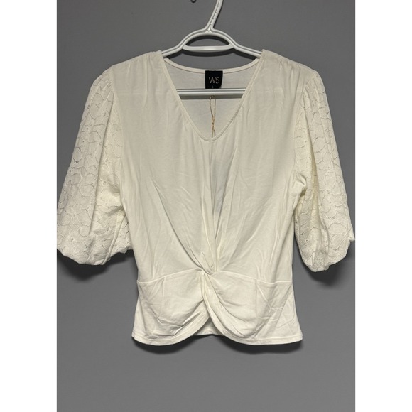W5 Tops - W5 Anthropologie‎ White Twist Front Lace Puff Sleeve Top Women's Medium Sample